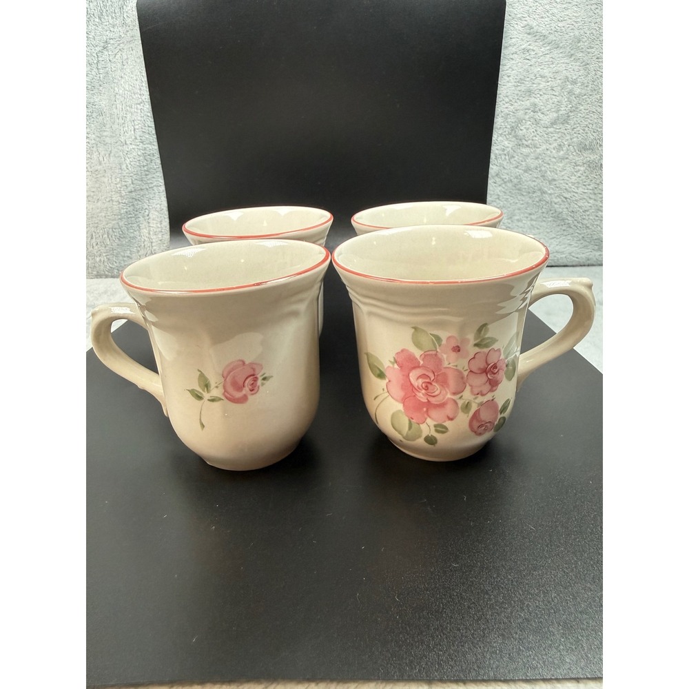 Gibson Housewares Pink Rose Floral Mugs Cream Stoneware Set of 4 Scalloped Rim